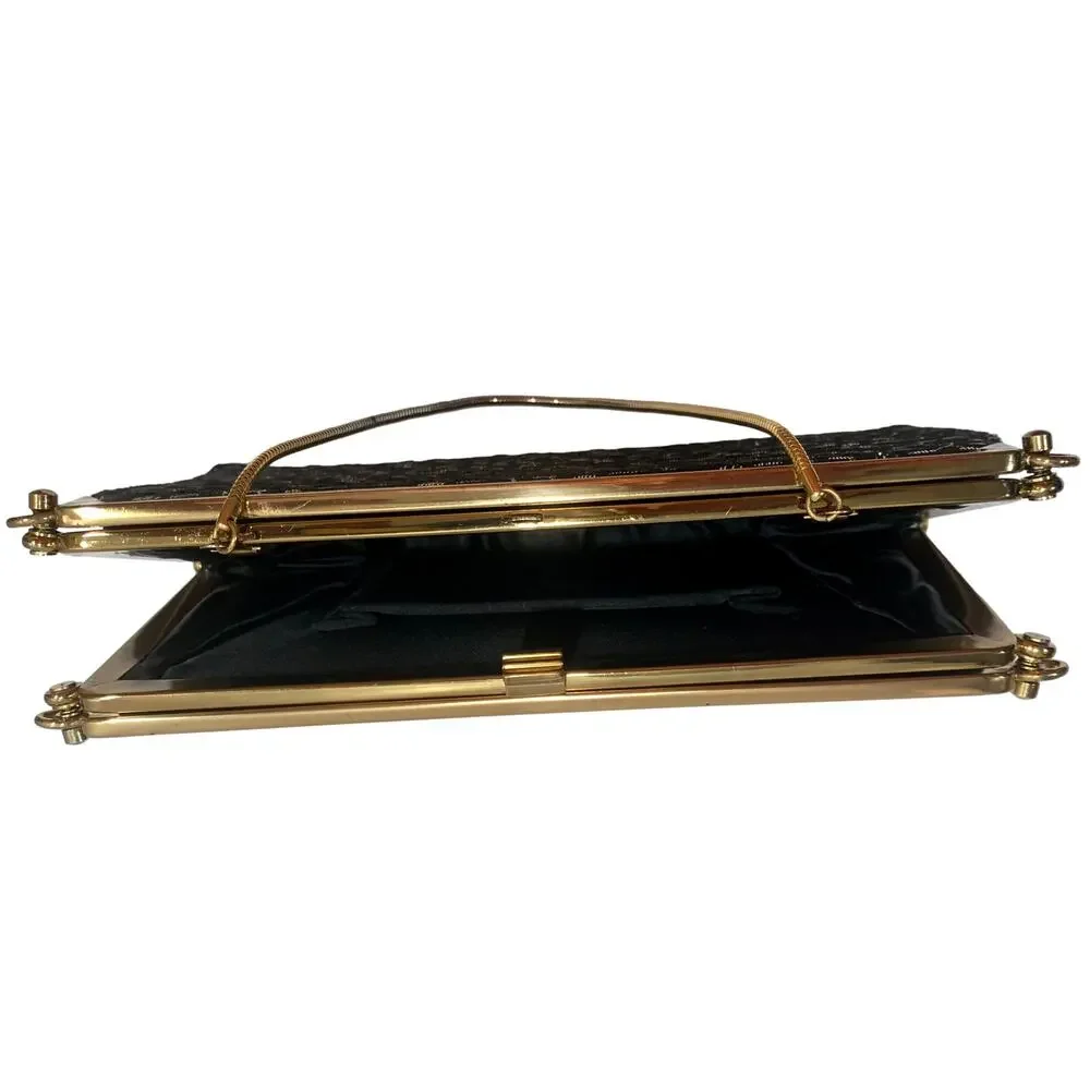 Vintage 60s Convertible Frame Bag Black Gold Evening Purse 3 Way L & M Bags